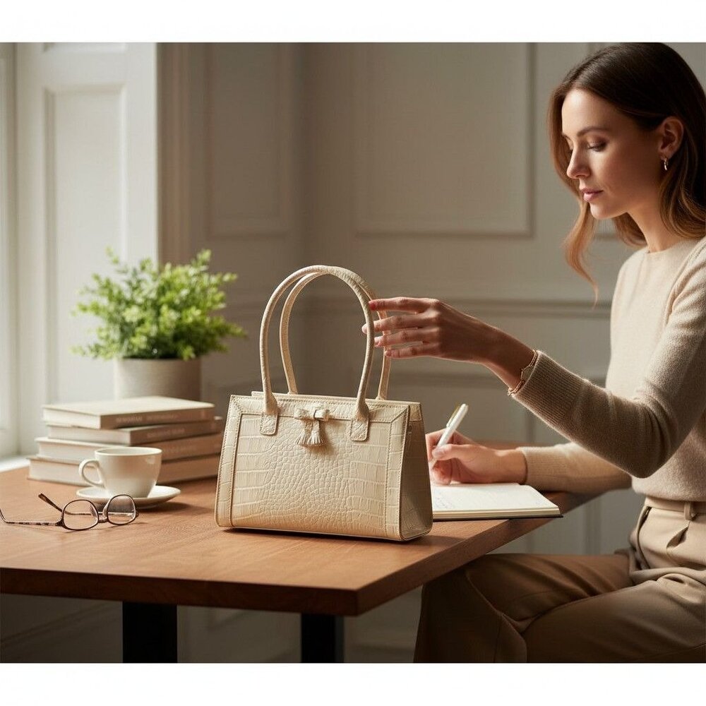 Liz Claiborne Ivory Faux Leather Croc Embossed Handbag With Tassel Accent